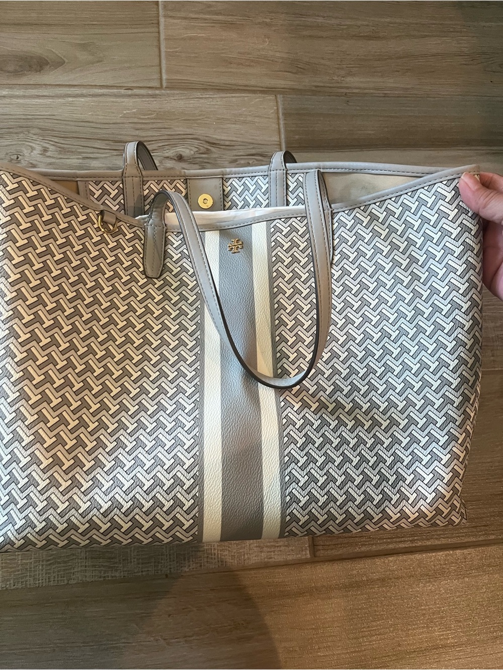 Tory Burch Cream & Taupe Patterned Stripe Tote